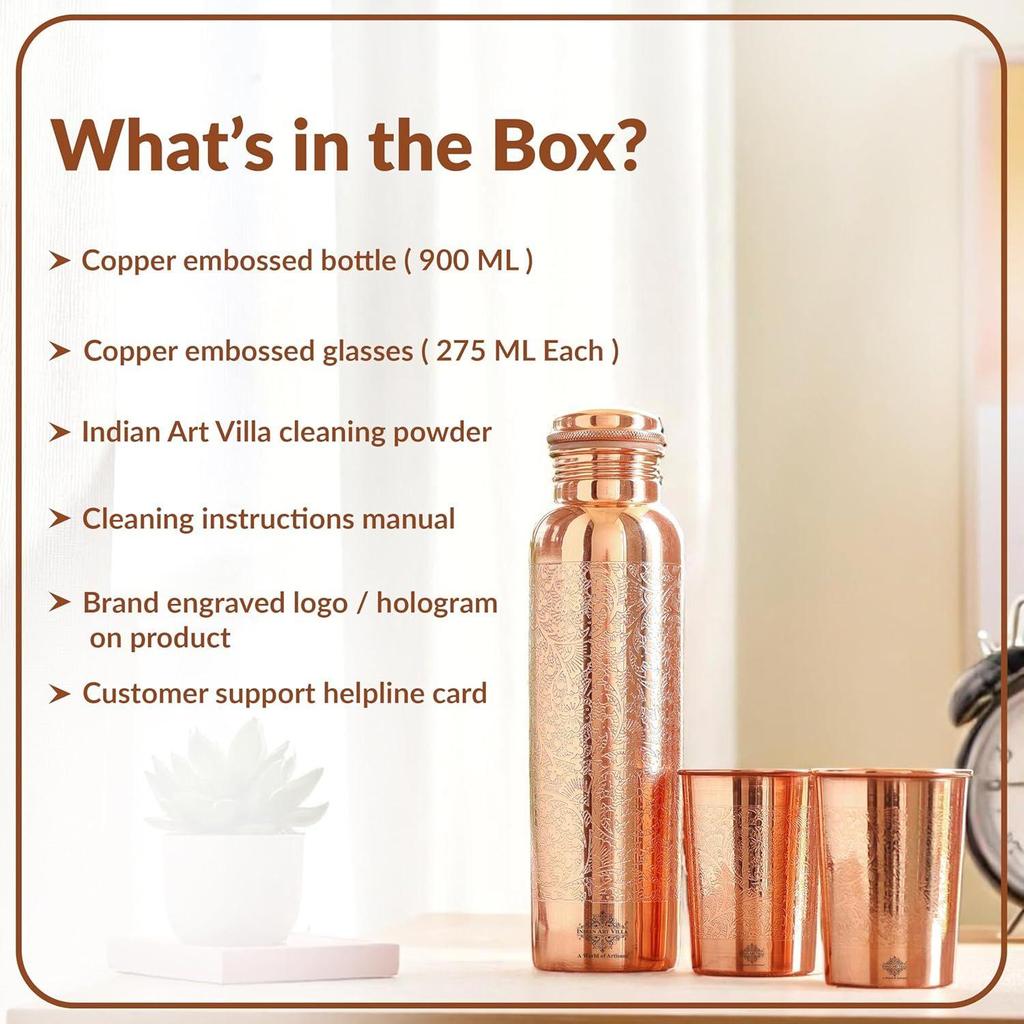 Copper Drinkware Gift Set – Embossed Design with 1 Bottle (900 ML) & 2 Glasses (300 ML) in a Blue Box – Gifting Item for Diwali, and Festive Occasions