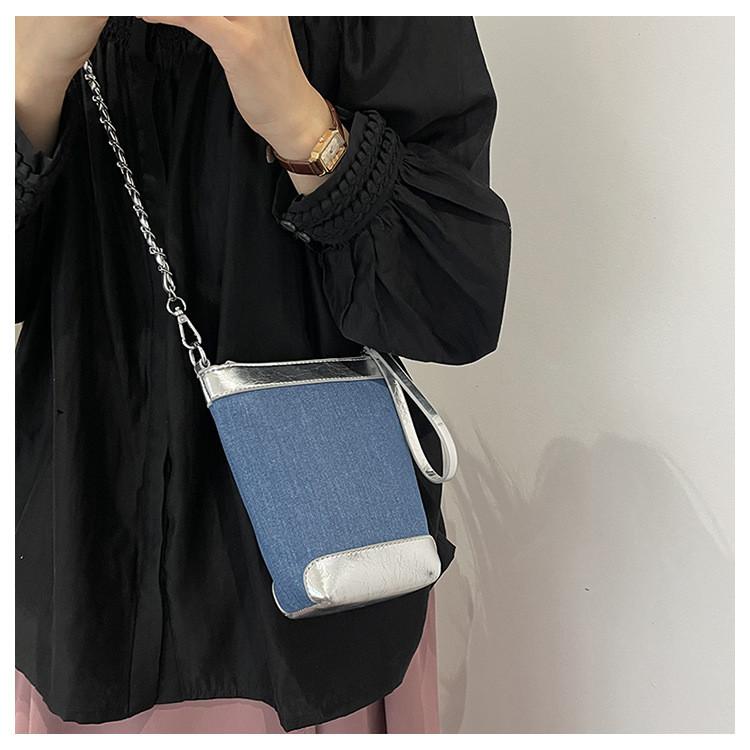 Ielgy Fashion Casual Bucket Bag Trendy All-Match Denim Shoulder Bag High-End Simple Cross-Body Bag