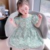 Летние платья с цветочным принтом для девочек, милые детские зеленые платья с короткими рукавами, детская хлопковая одежда для малышей, платье