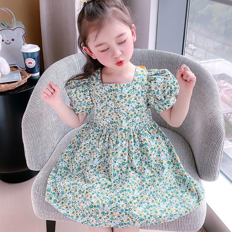 Летние платья с цветочным принтом для девочек, милые детские зеленые платья с короткими рукавами, детская хлопковая одежда для малышей, платье