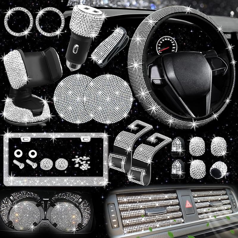 NBTEPEM 27-Piece Bling Car Accessories Set - Universal Fit Steering Wheel Covers, License Plate Frames, Phone Holder, Car Fast Charger, Coasters