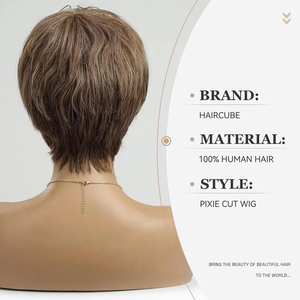 HAIRCUBE Bob Pixie Cut Light Brown Layered Remy Human Hair Wigs with Bangs Short Natural Wave Human Hair Machine Made Wigs for Women Afro