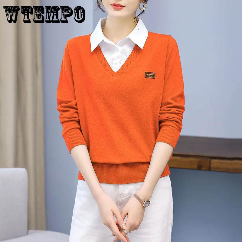 Женский искусственный свитер из двух частей, осенне-зимний корейский вариант, универсальная вязаная нижняя рубашка, пуловер, вязаный топ с лацканами