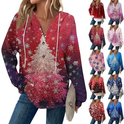 Женская мода с длинным рукавом, завязками на шнурке, капюшоном, пуговицами, V-образным вырезом, повседневная толстовка с капюшоном и рождественским принтом