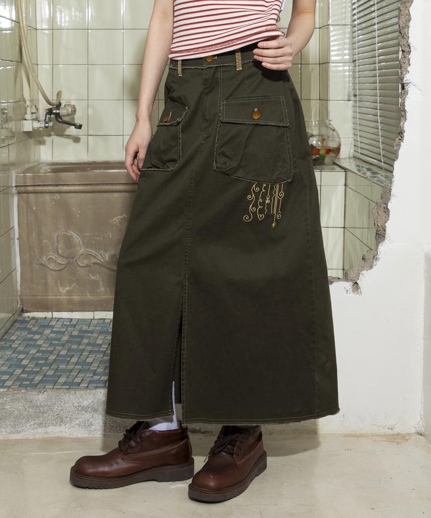 Lunakihu Wxsk008 Tsuru Cotton Long Skirt (Khaki)