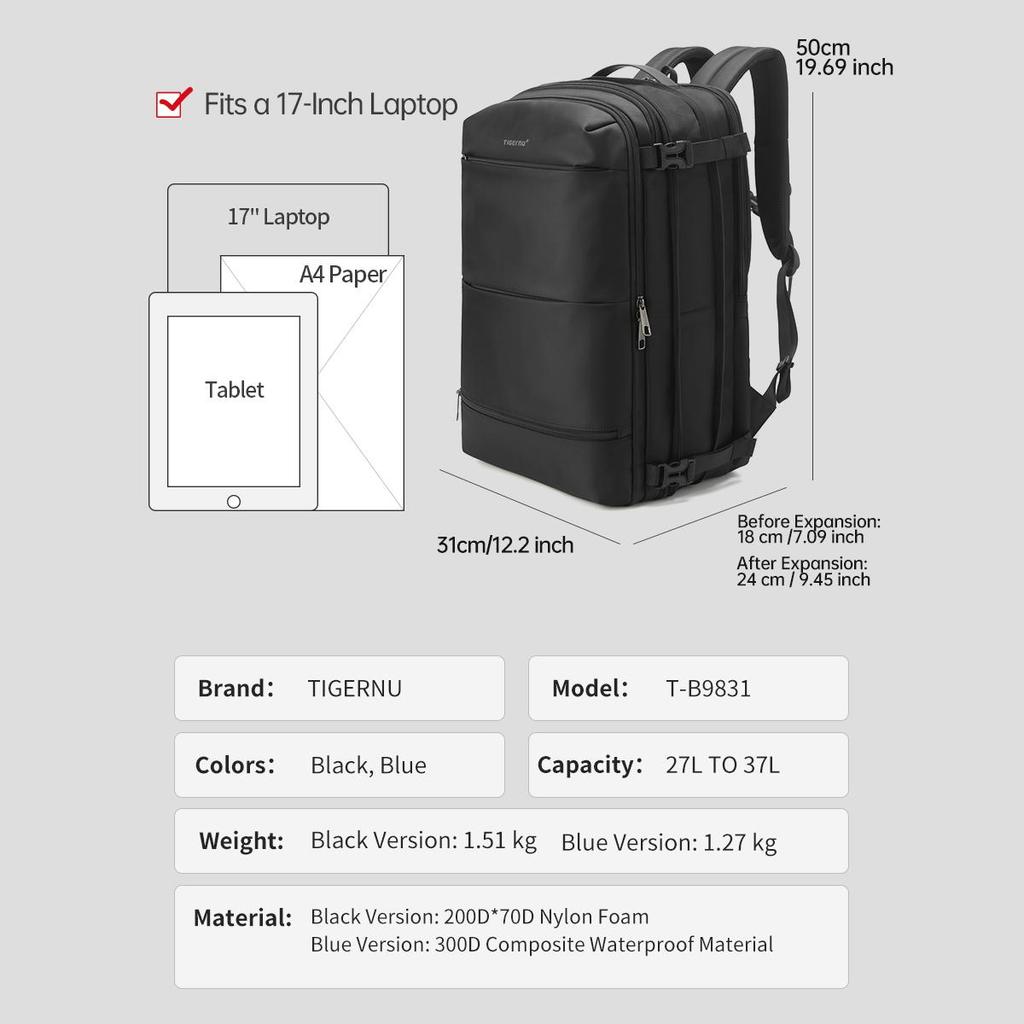 Tigernu Fashion Expandable 27L-37L Hiking Travel Laptop Backpack For 17inch Storage Packs Luggage With USB Port Backpack Mochila