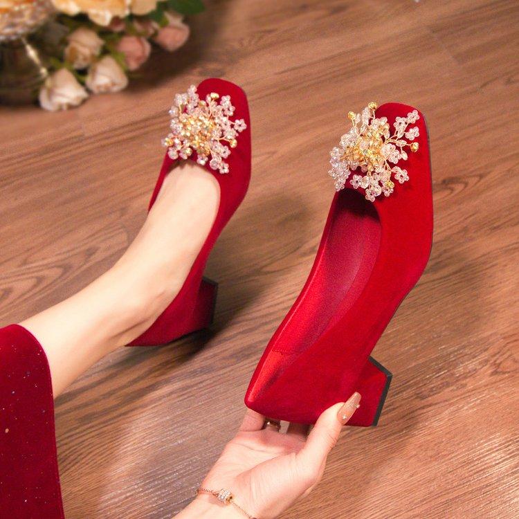 Fashion Luxury Women's Heels Sexy Red Square with Rhinestone Wedding Shoes Office Party Pump Designer Fashion Single Shoes