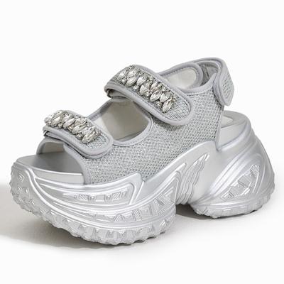 Модные 8 см сетчатые туфли из микрофибры на платформе и танкетке с открытым носком и стразами, летние женские сандалии, тапочки, туфли-лодочки