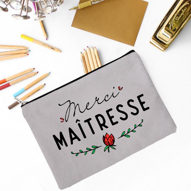 Teacher Superpower French Letter Print Women Cosmetic Bag Canvas Zipper Makeup Pouch Purse Organizer Pencil Bags Toiletry Bag