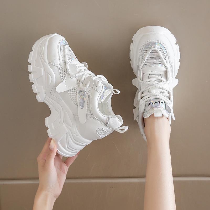 Модные дышащие сетчатые кроссовки на платформе женские весенние на толстой подошве нескользящие повседневные туфли женские на шнуровке на массивной подошве спортивная обувь женская