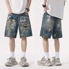 Summer American-style Trendy Graffiti Print Ripped Denim Shorts Men's Five-point Pants Medium Pants