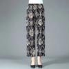 Women Summer Ice Silk Floral Printed Wide Leg Pants Elastic High Waist Casual Loose Cropped Pants