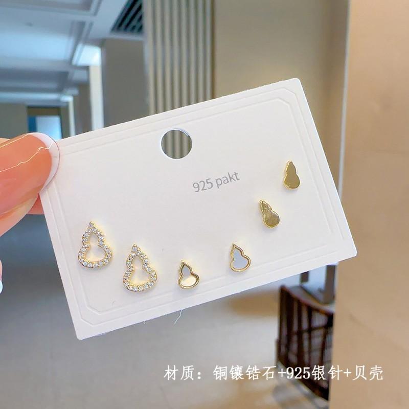 Minimalist Stud Earrings Set 3 Pairs Gold Tone CZ Geometric Floral Design Women Daily Wear