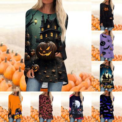 Женская модная повседневная футболка с градиентом Хэллоуина и принтом, длинный рукав, круглый вырез, средний длинный топ