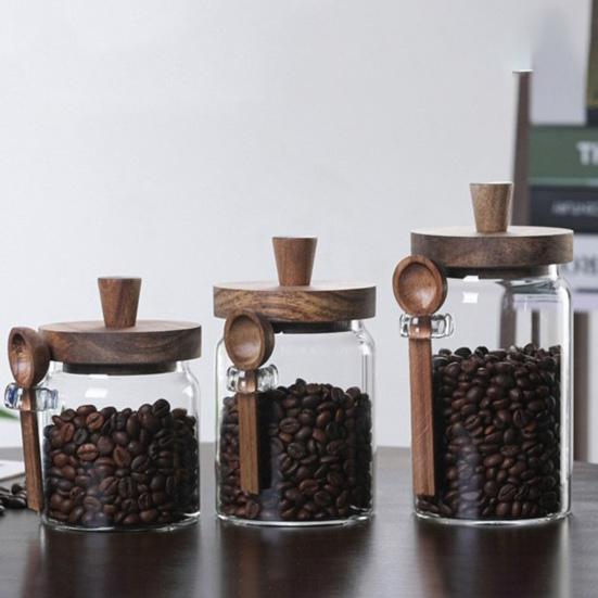 Glass Airtight Canister Sealed Jar with Wooden Spoon Transparent Food Storage Jar for Spice Coffee Beans Kitchen Pantry Supplies