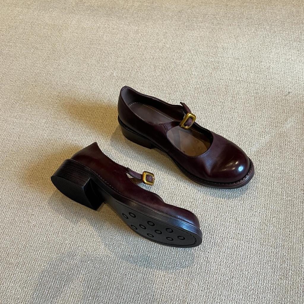 Туфли из овчины в ретро-британском стиле с круглым носком, женские туфли Мэри Джейн из кожи на толстом каблуке, легкие туфли с открытым носком