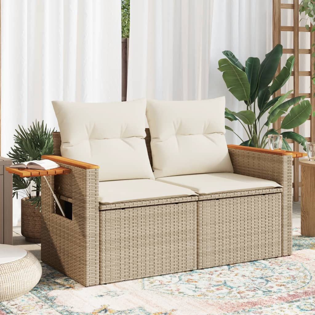 2 Seater Garden Sofa with Cushions Beige Poly Rattan