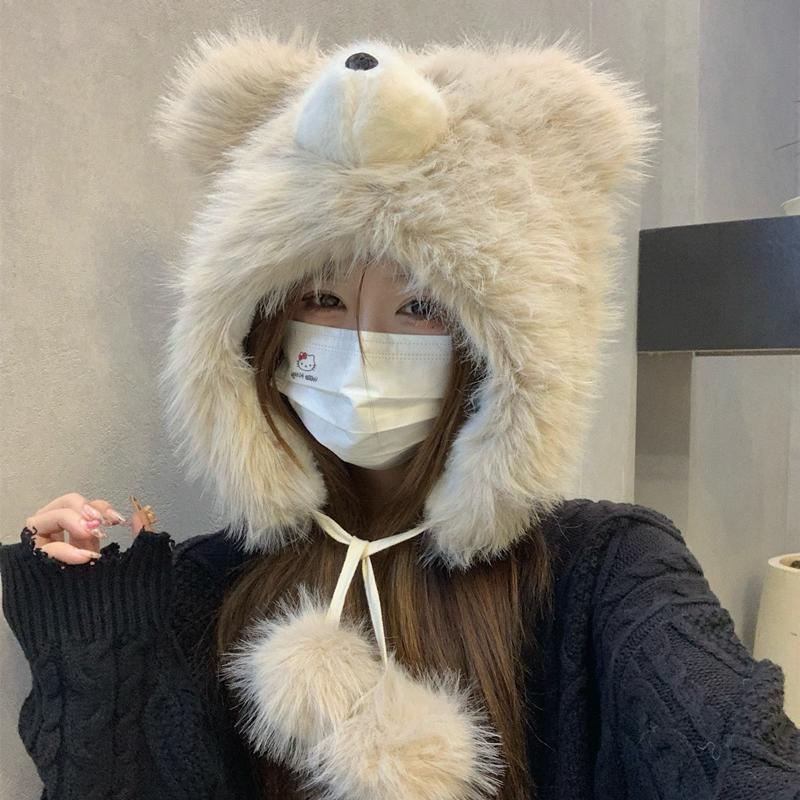 Милая плюшевая шапка с медведем, женская зимняя утепленная шапка-ушанка для северо-востока, для езды на велосипеде, катания на лыжах, для холодной погоды