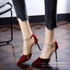 Red-soled High Heels, Sexy Satin One-word Buckle Pointed Rhinestones, Red 2021 Spring Stiletto Dress Women's Single Shoes