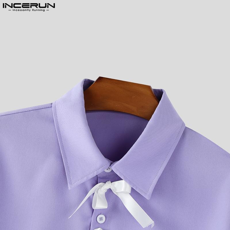 INCERUN Men Lapel Long Sleeve Front Bow Knot Back Twisted Casual Shirts