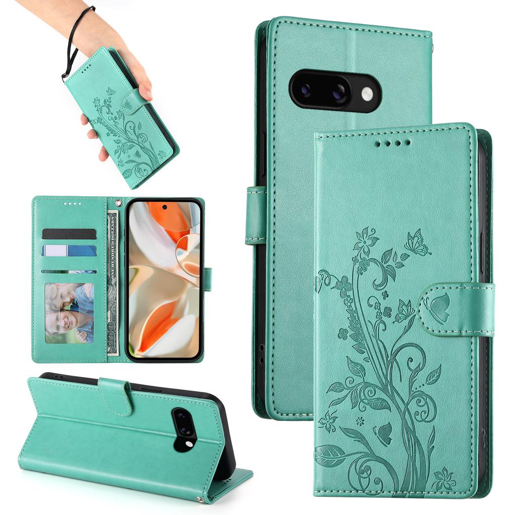 For Google Pixel 9a Wallet Case Butterfly Floral Imprint PU Leather Phone Cover with Wrist Strap