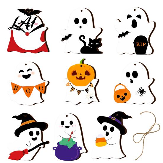Wooden Halloween Signs Ghost Hanging Sign with Hemp Rope Cute Holiday Wall Art Pendants for Home Party Decorations