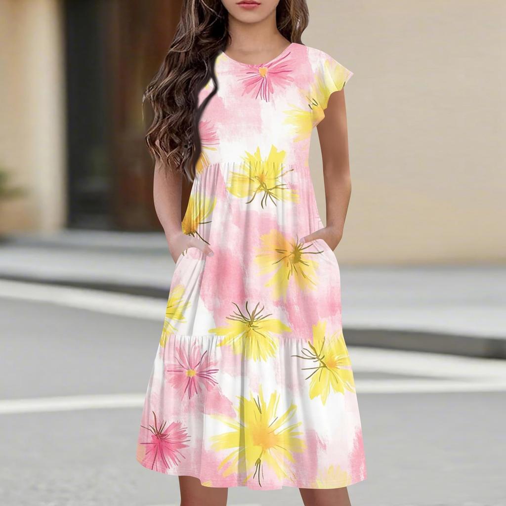 Детская юбка с круглым вырезом, плиссированная, с коротким рукавом, юбка принцессы, модное повседневное платье с карманами для девочек