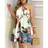 Summer Printed Strapless Hanging Neck Tie Loose Women's Dress