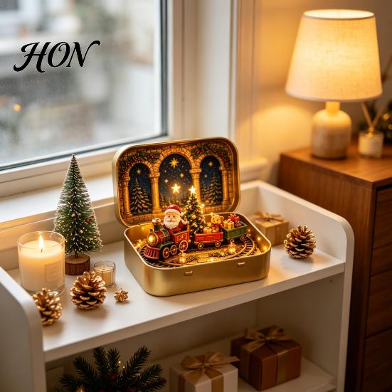 Tiny Winter Scene Christmas Wonderland in a Tin, Mini Holiday Diorama Decor, Miniature Eve Keepsake with Santa, Tree, Gifts & Snowman, Table