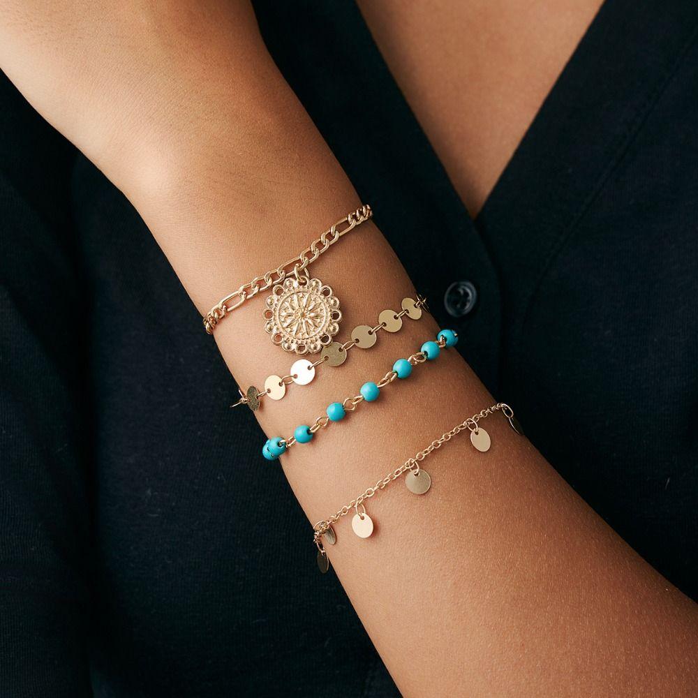 Necklace Set Turquoise Stone Necklace Golden Multi-layer Necklace Retro Jewelry Set Girls