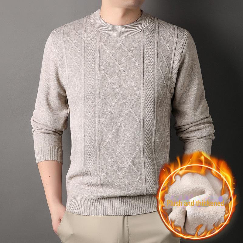 Men's Trendy Loose-Fit Round Neck Pullover Sweater, Autumn/Winter Plus Velvet Thickened Casual Wear