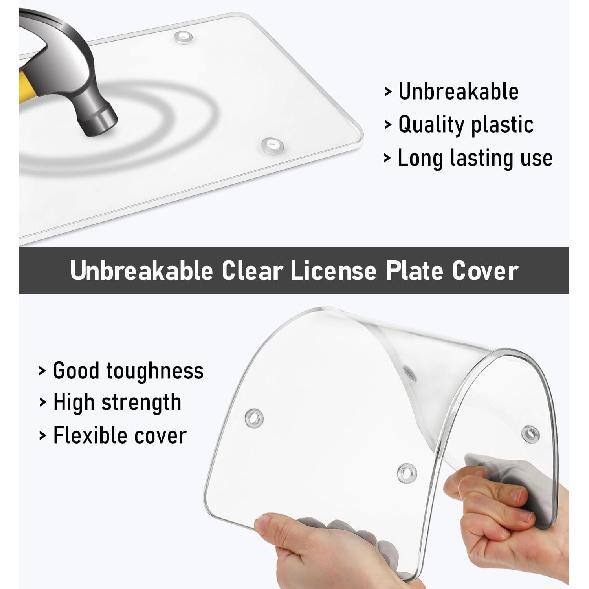 2 Pack Clear License Plate Covers, Flat License Plate Protector Unbreakable Plastic Shields Tag Holder Fits Standard US Plate With Screws Caps