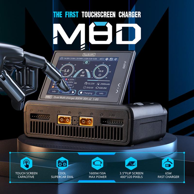 Умное зарядное устройство ToolkitRC M8D, 2-канальное, сенсорный экран, двойной канал, DC 800 Вт*2, 30 А, 1-8S, быстрая зарядка литиевых аккумуляторов, для RC моделей автомобилей, FPV