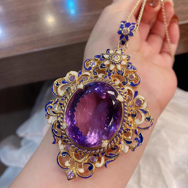 New Vintage High Quality Oval Purple Stone Zircon Sets For Women Luxury Medieval Enamel Hollow Out Big Pendant Necklaces Rings
