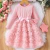 2-7Y Long-Sleeved Dress Girls Solid-Color Rose Print Dress Girls Fall/Winter Base Layer Skirt