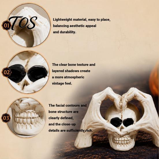 Personalized Trendy Collectible Gothic Skeleton Hands Heart Sculpture with Skull, Romantic Love Statue, Halloween Vintage Yellowed Paint Craft