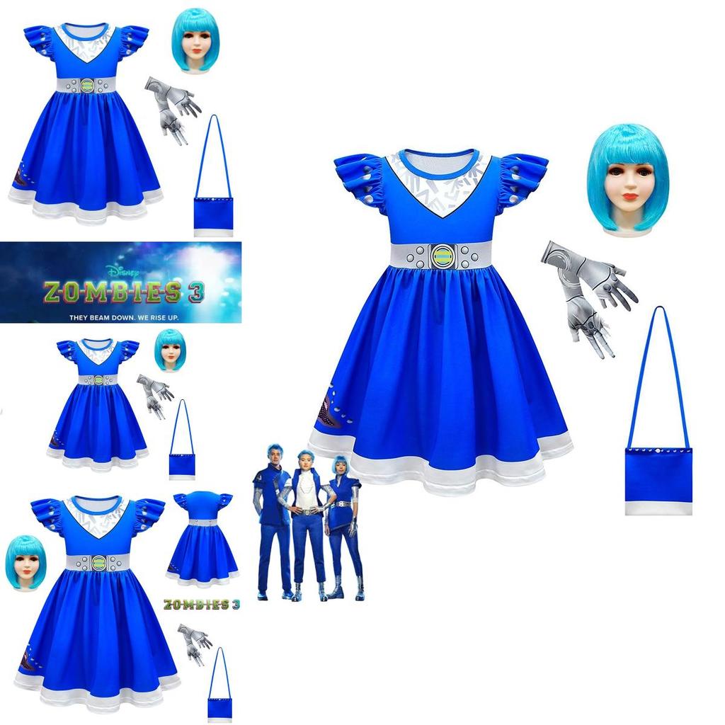 Kids Zombies 3 Cheerleader Cosplay Costume Halloween Dress Bag Wig Suit Gift Set