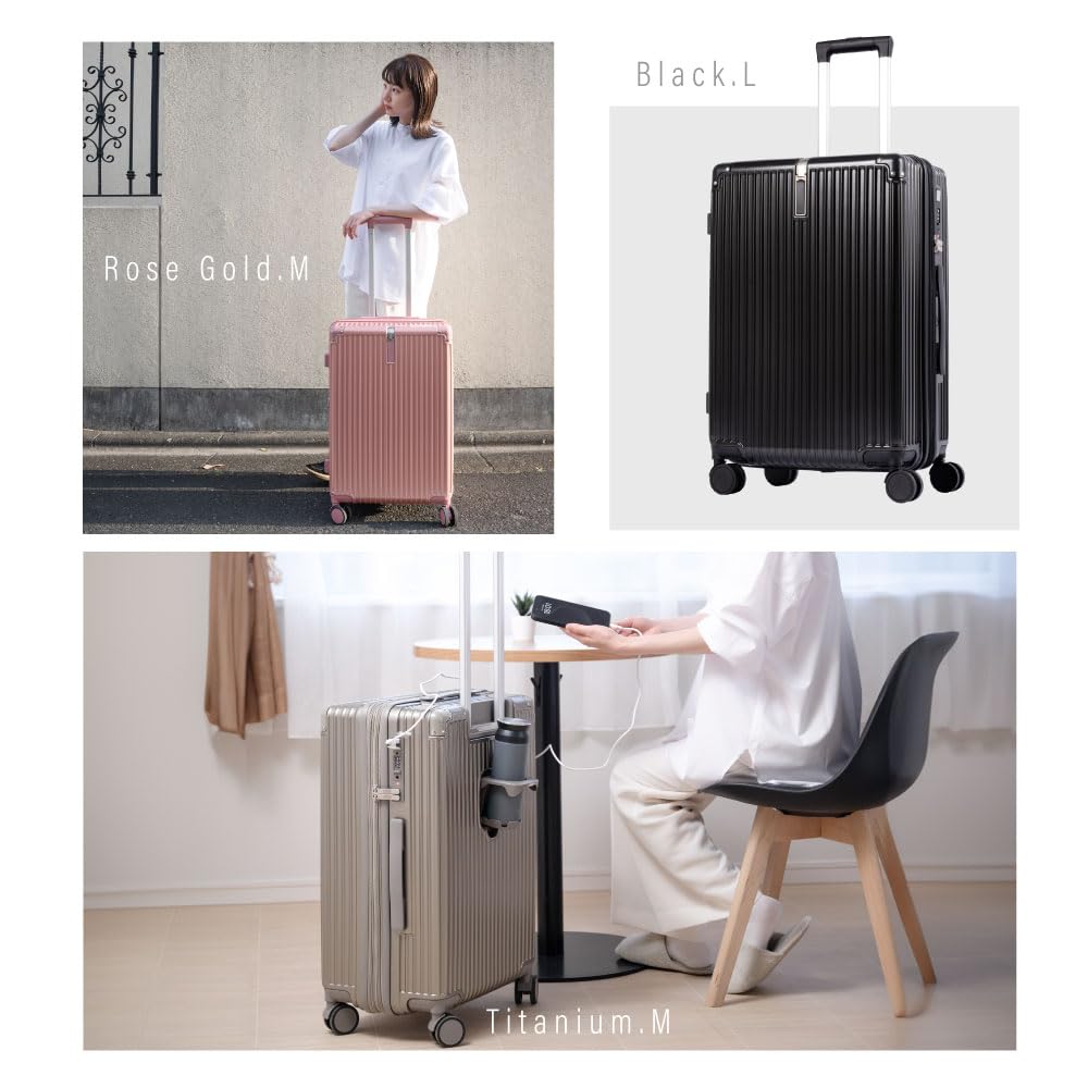S Large 360 Degree Double TSA USB Cup Hidden Zipper Business Travel [Chiaki] Suitcase, Carry-on, Expandable, Shockproof, Ultra-lightweight, Size,