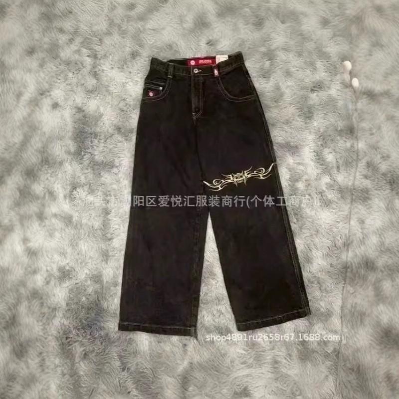 Mens Relaxed Fit Washed Denim Jeans With Embroidered Hip Hop Graphic Casual Wear