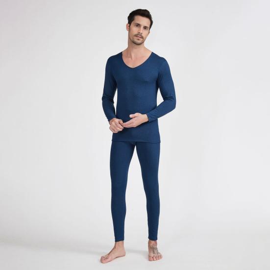 2 Pcs/Set Winter Men Thermal Underwear Set V Neck Long Sleeve Warm Thick Plush Seamless Pure Color Slim Fit Elastic Men Pajamas Set Sports Tracksuit