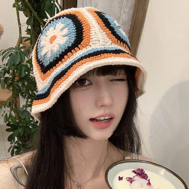 Европейский и американский стиль цветная модная вязаная шляпа-ведро женская весна и осень универсальная интернет-знаменитость вязаная шляпа цветочная шляпа-ведро