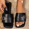 Fashion Fashion Buckle Decor Summer Slippers Women Sqaure Toe Comfort Flat Sandals for Woman Black Pu Leather Beach Slides Plus Size 43