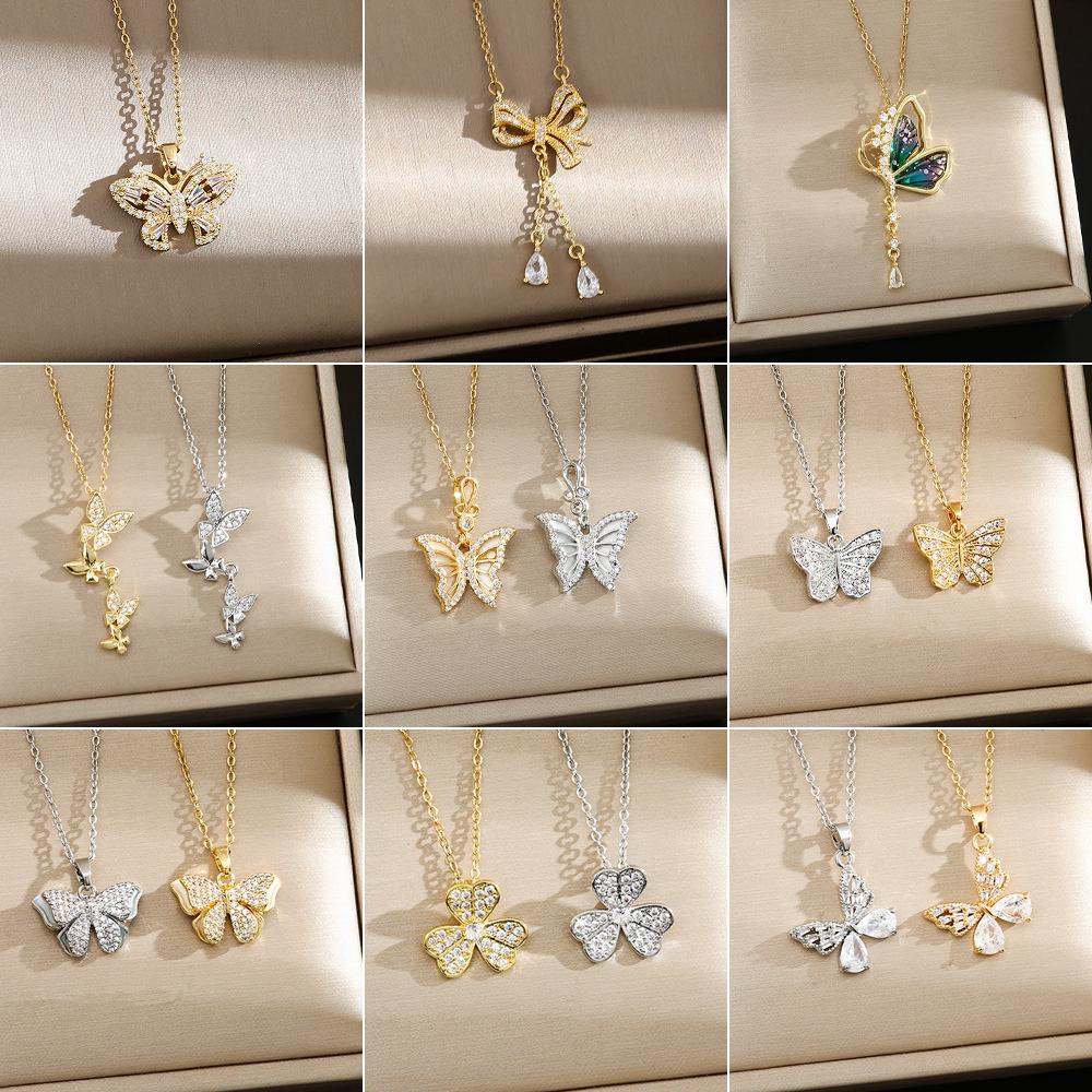 Korean Butterfly Tassel Luxury Diamond Titanium Steel Necklace - Women's Versatile Clavicle Jewelry