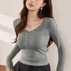 Chic Button Design T-shirt Women Fall New Slim Spice Sexy Long Sleeve Top