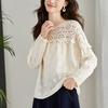 Абрикосовая вышитая рубашка для женщин с длинным рукавом, осенняя одежда, новый кружевной ажурный топ, вышитая рубашка из чистого хлопка