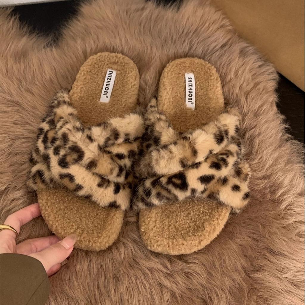 Platform Leopard Print Fluffy Shoes Women's Shoes Wear 2025 New Autumn and Winter Cotton Slippers Lamb Wool Fashion Cotton Shoes