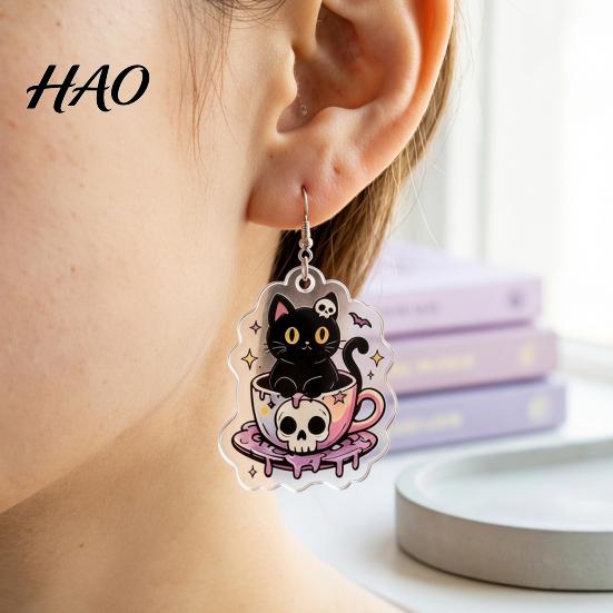 Holiday Party Decorative Earrings 1 Pair Halloween for Women, 2D Acrylic Teacup Black Cat Dark Style Jewelry Dangle Drop Earrings, Gothic Cartoon