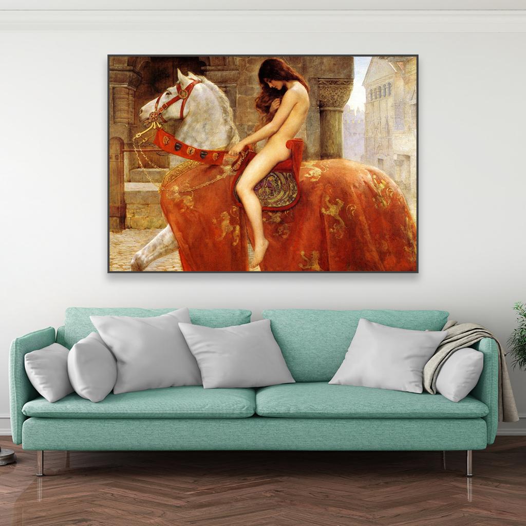 Леди Годива от Джона Коллиера, печать постеров, картина маслом, печать на холсте, сексуальная девушка, обнаженная на лошади, постер, винтажная картина на холсте