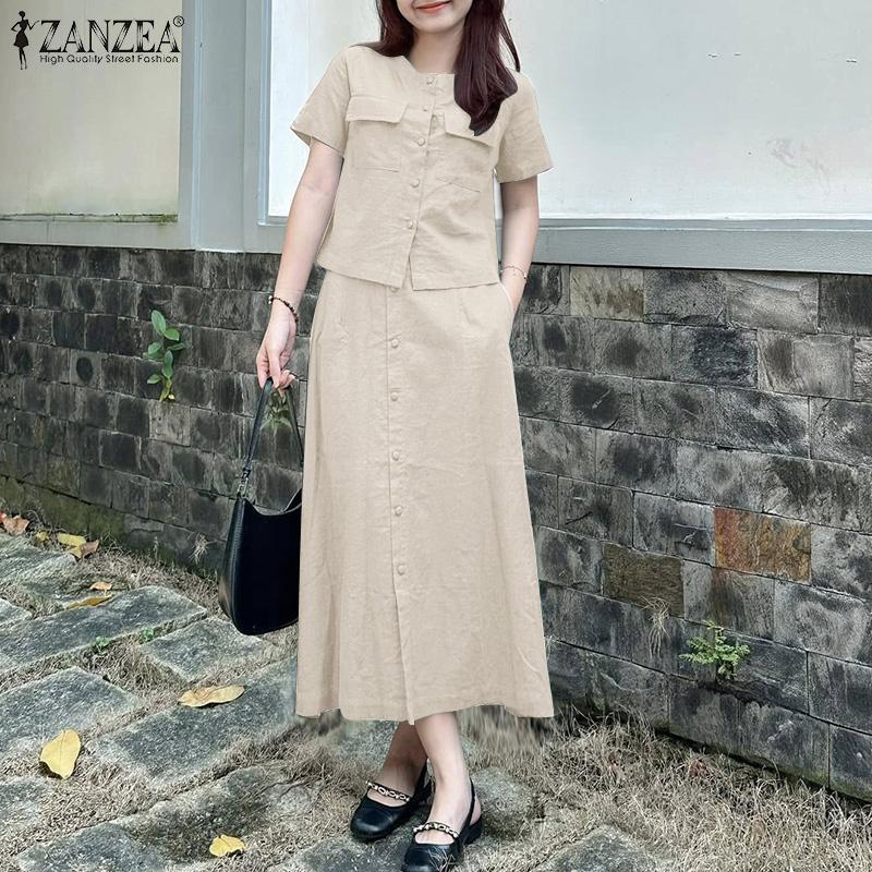 ZANZEA Женские летние комплекты из двух частей: блузка с коротким рукавом и длинные юбки