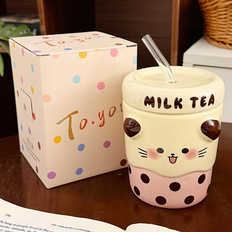 Cute Polka Dot Animal Ceramic Straw Cup with Lid Children's Household Cup  Girly Heart Creative Gift Souvenir